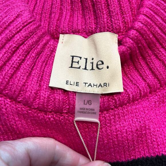 Elie Tahari Deep Fuchsia Pink & Black Stripe Mock Neck Sweater NWT Large - Picture 3 of 12